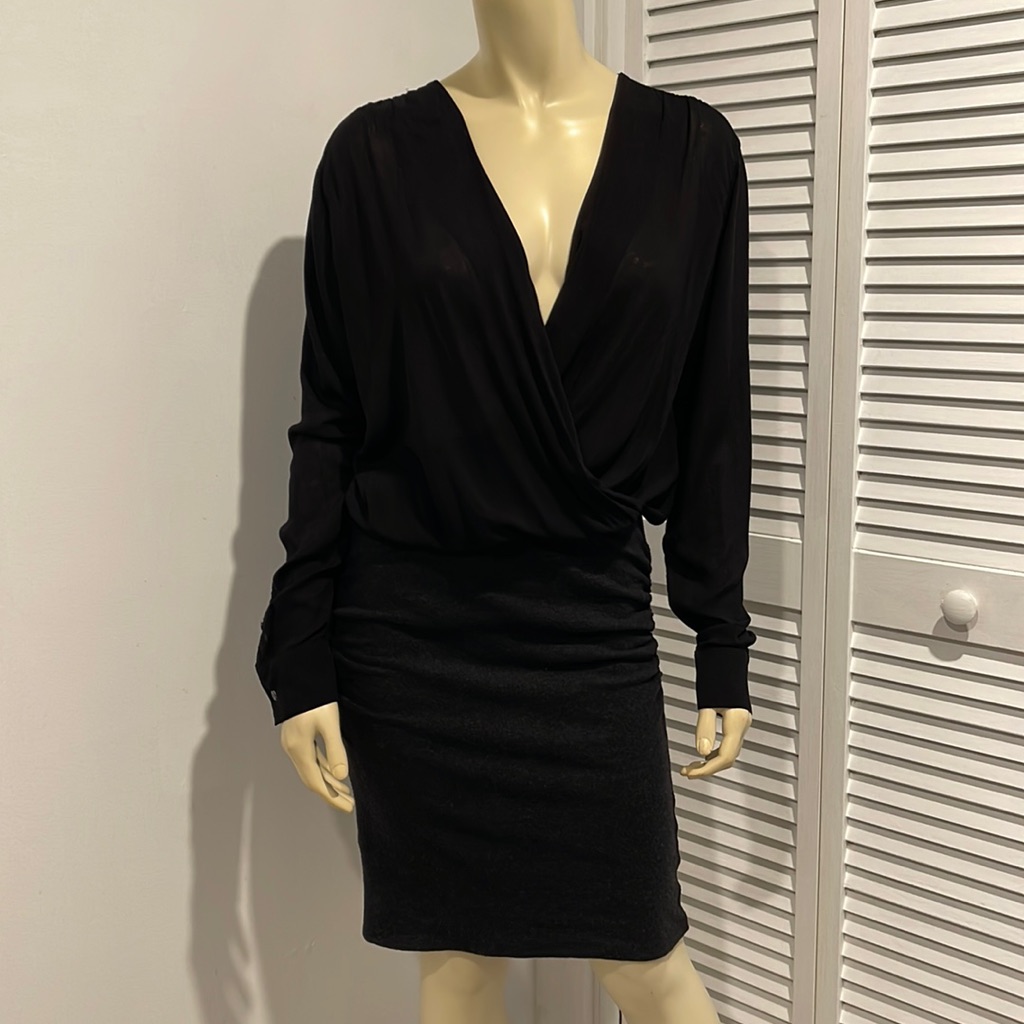 James Perse Dress 2 Black Cotton Knit Lower Half, Upper Sheer Viscose Top